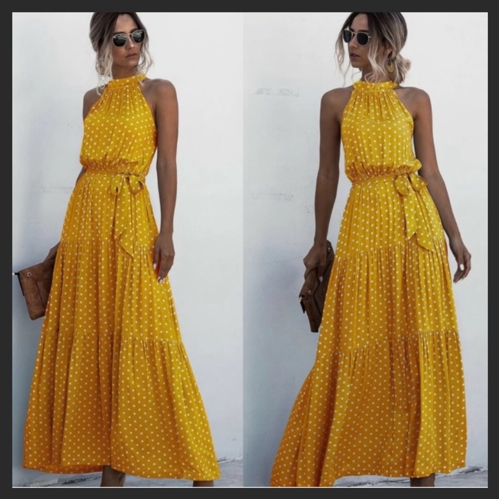 Boho Polka Dot Belted Halter Maxi Dress